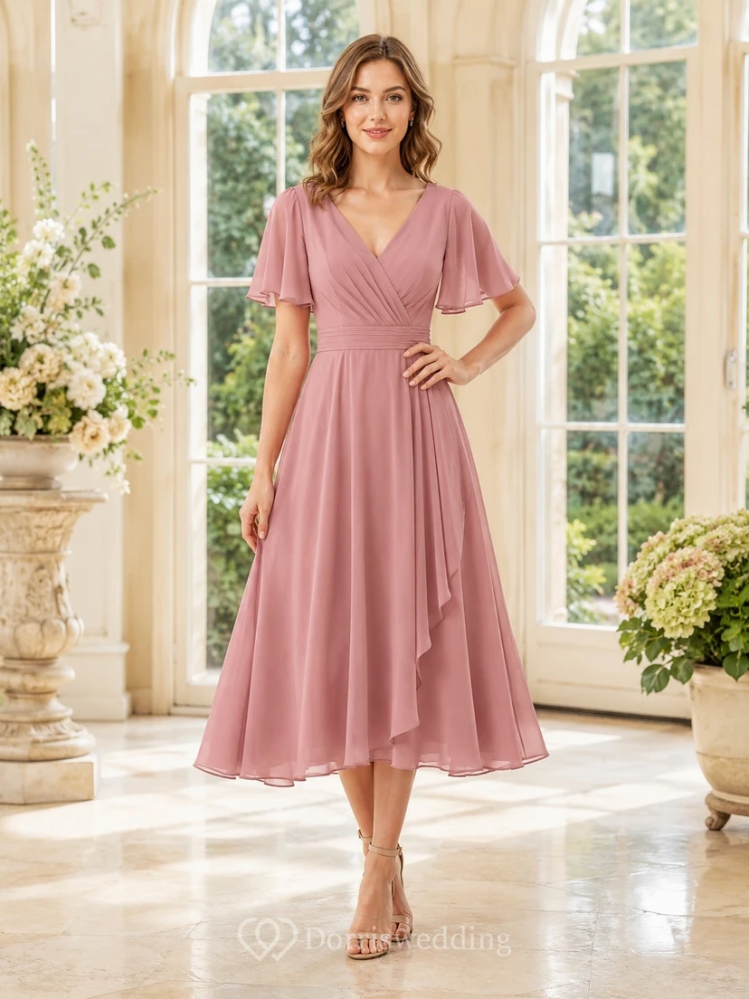 Romantisches Cocktailkleid aus altrosafarbenem Chiffon mit V-Ausschnitt, kurzen Ärmeln und Teelänge in A-Linie