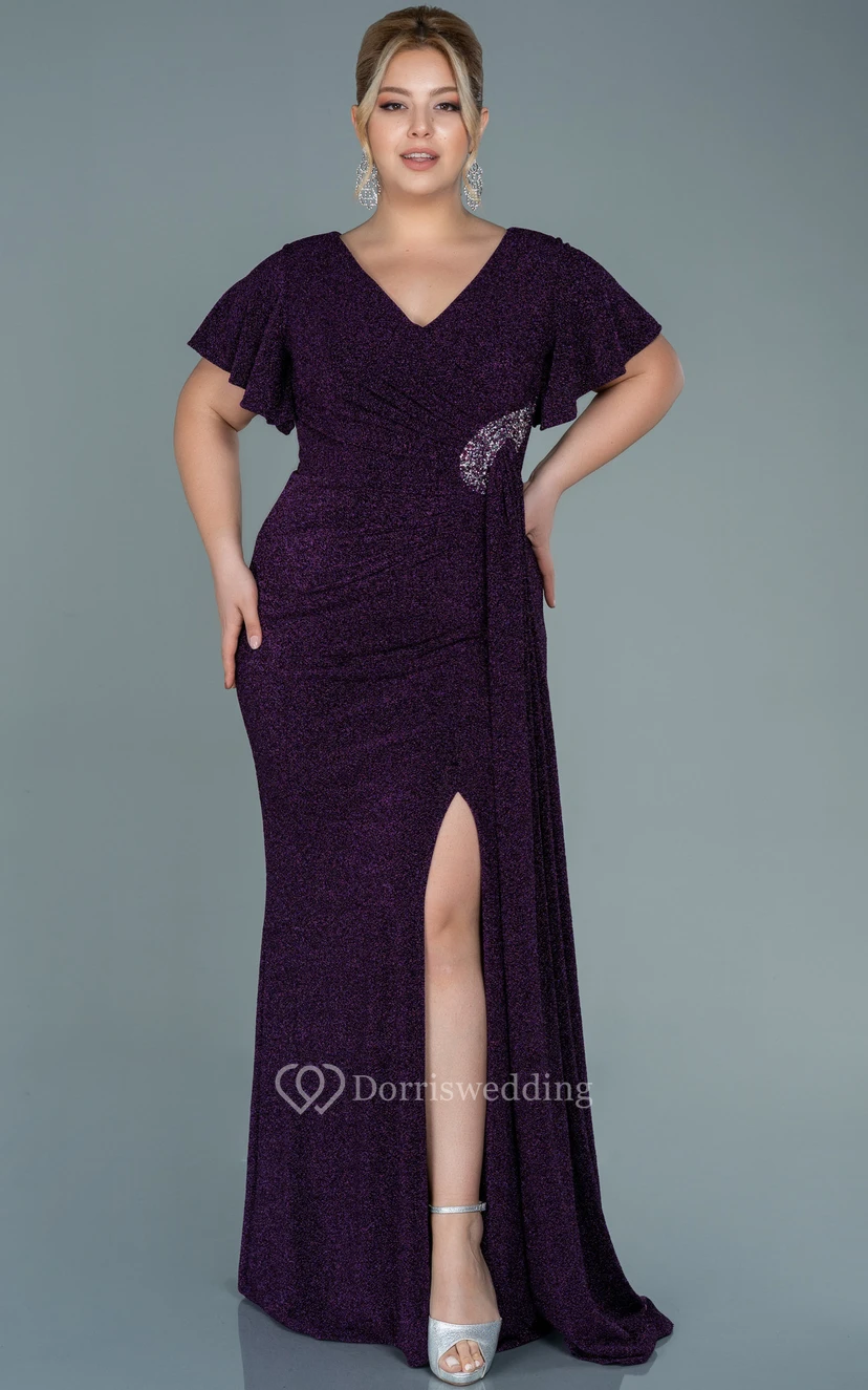 Poet-sleeve V-neck Sequin Ruched Slit Front Plus Size Evening Dress view 8