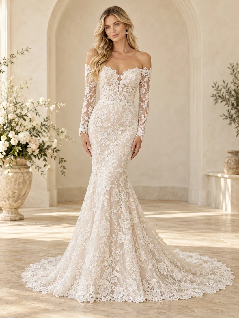 Robe de mariée sirène à manches longues, épaules dénudées, décolleté cranté et traîne en dentelle florale