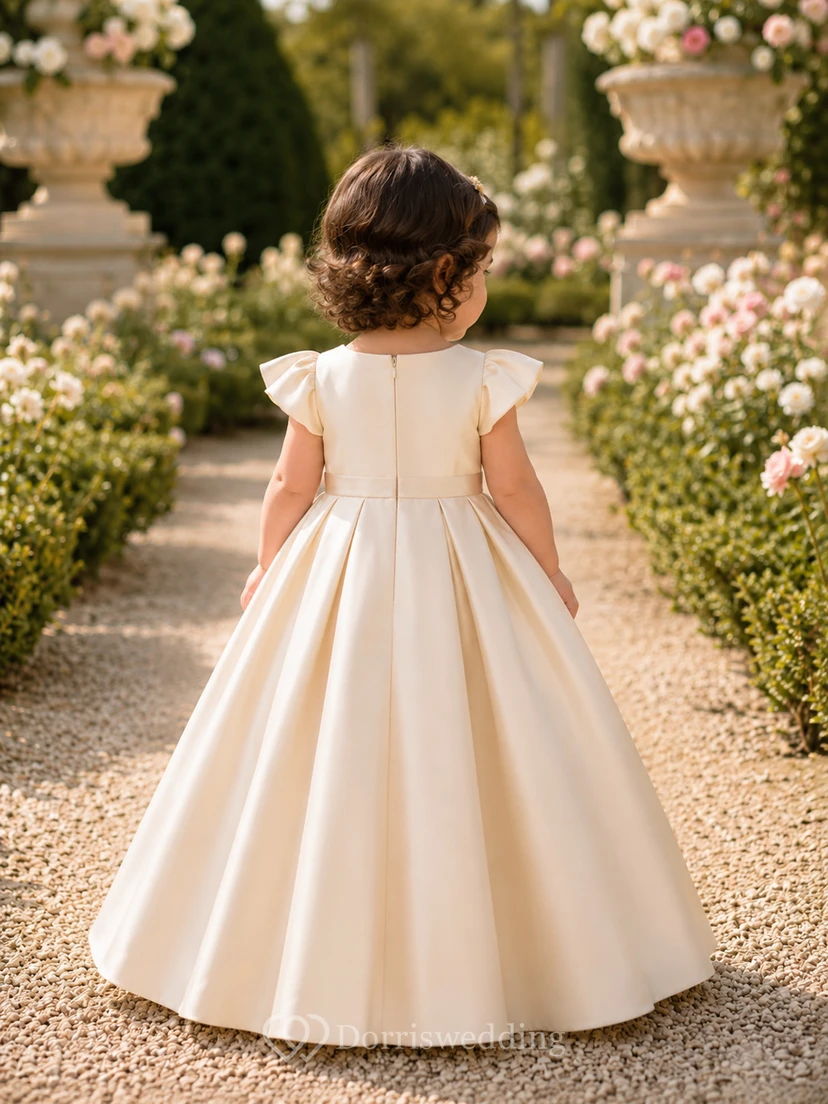 Robe de baptême simple en satin mat champagne, coupe trapèze, manches courtes view 2