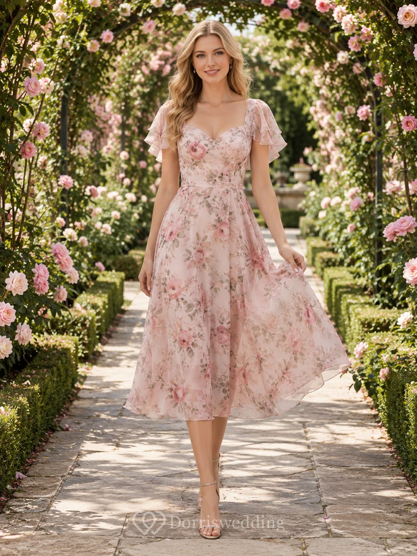 Blush Floral Garden Wedding Guest Dress A-Line Chiffon V-Neck Short Sleeve Tea-Length Floral Print