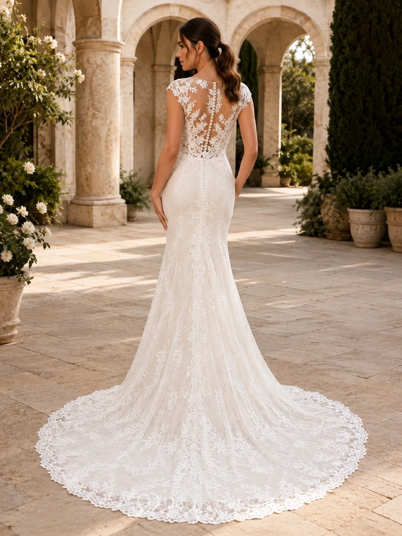 Vestido de novia de encaje con escote ilusión floral y abertura, estilo sirena. view 2