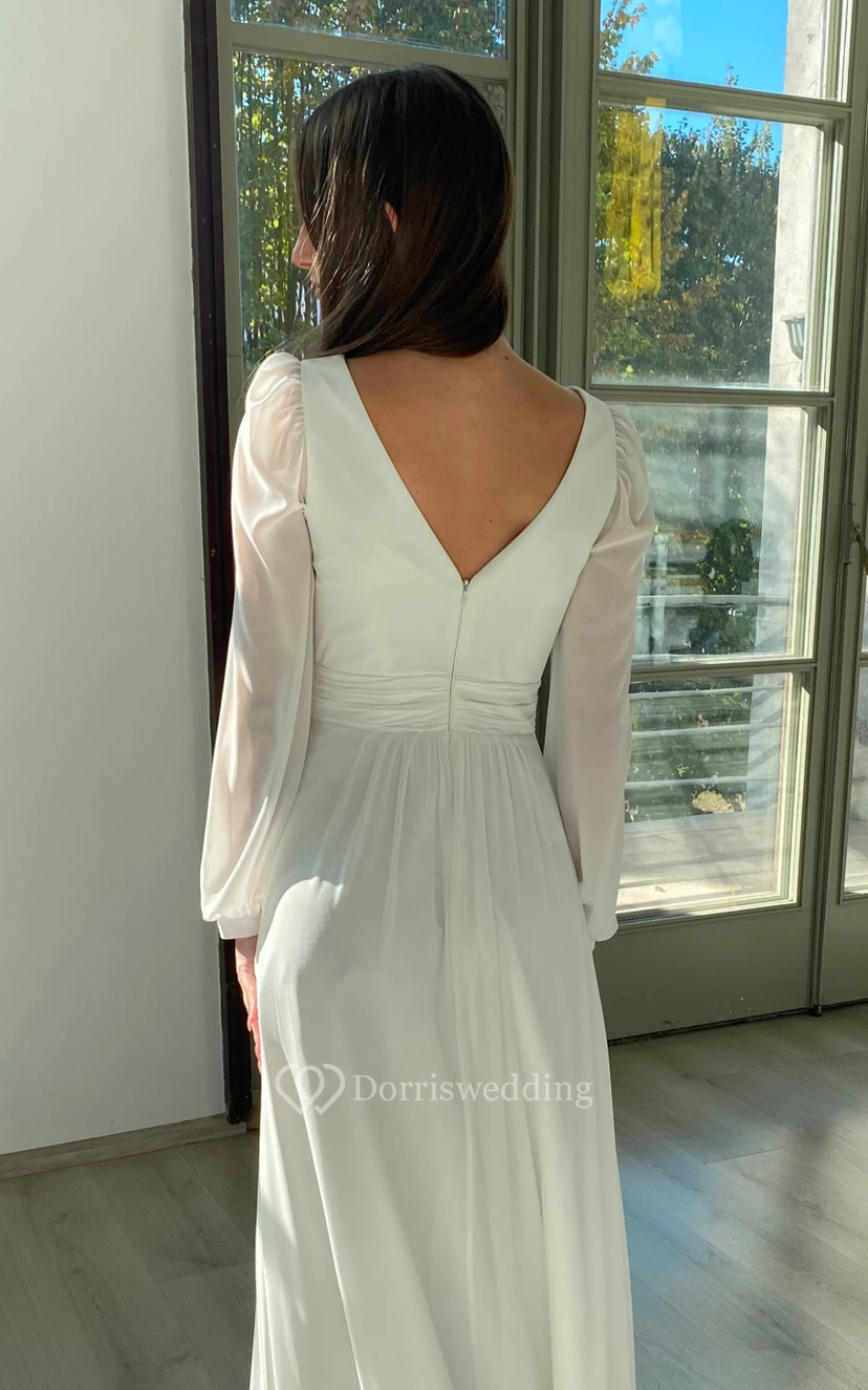 Einfaches Boho-Hochzeitskleid im Landhausstil mit V-Ausschnitt, langen Ärmeln und Raffungen aus Chiffon view 8