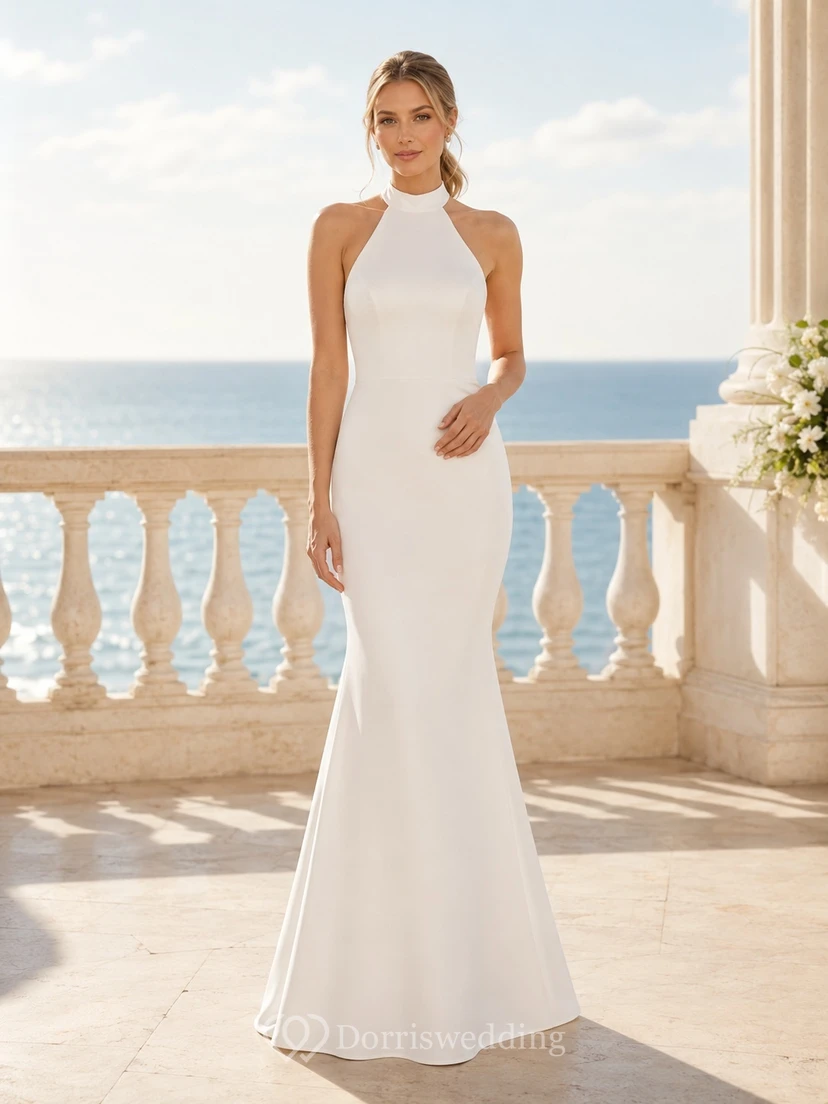 Einfaches, rückenfreies Meerjungfrauen-Brautkleid in Strandlänge mit Neckholder, bodenlang, modern