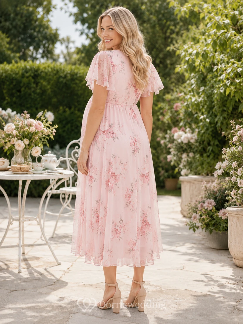 Robe de mariée mi-longue en mousseline rose poudré à fleurs, col V et manches papillon, idéale pour un brunch. view 2