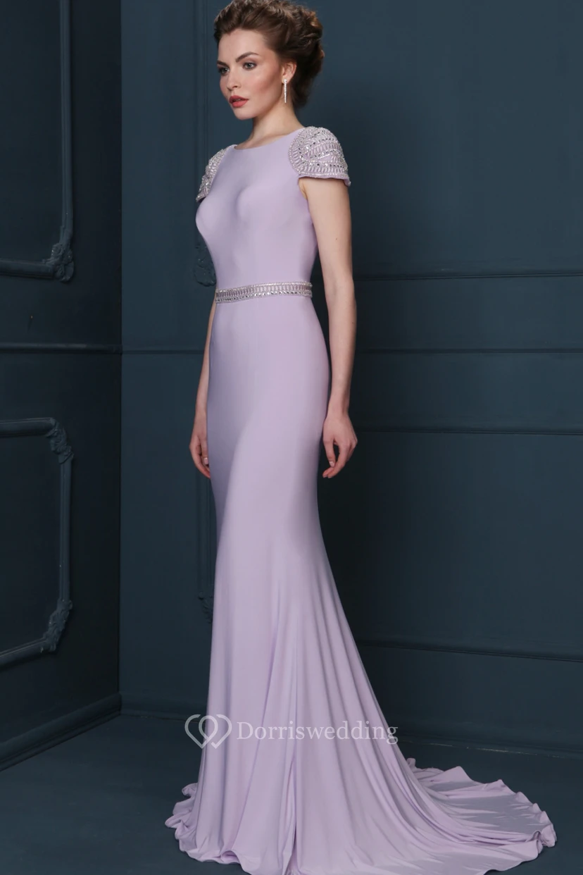 Sheath Beaded Floor-Length Jewel-Neck Cap-Sleeve Jersey Evening Dress With Waist Jewellery view 3