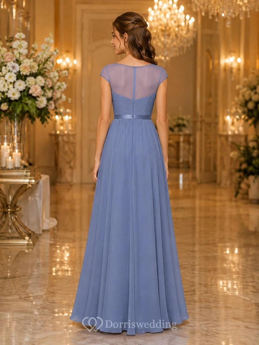 Schieferblaues Brautjungfernkleid für junge Damen, A-Linie, herzförmiger Schnitt, kurze Ärmel, plissiert, elegant view 2