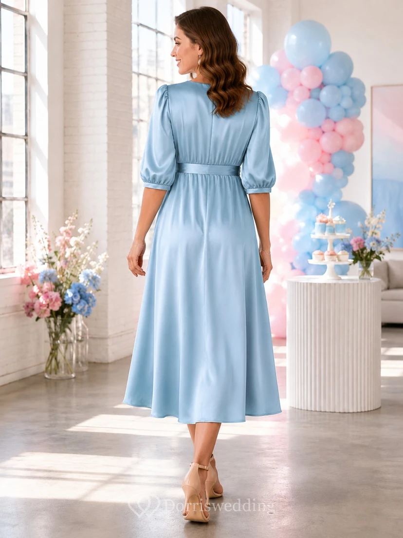Maternity Sky Blue V-Neck Puff Sleeve Satin Empire Tea-Length Party Dress view 2