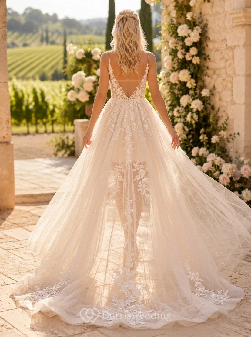 Robe de mariée mini en dentelle rose poudré avec traîne en tulle amovible view 2