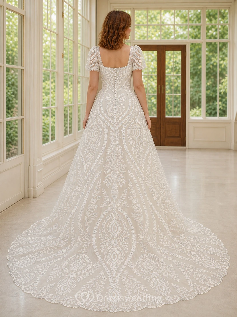 Vestido de novia romántico de gala con medallón, cuello cuadrado y mangas cortas hasta el suelo. view 2