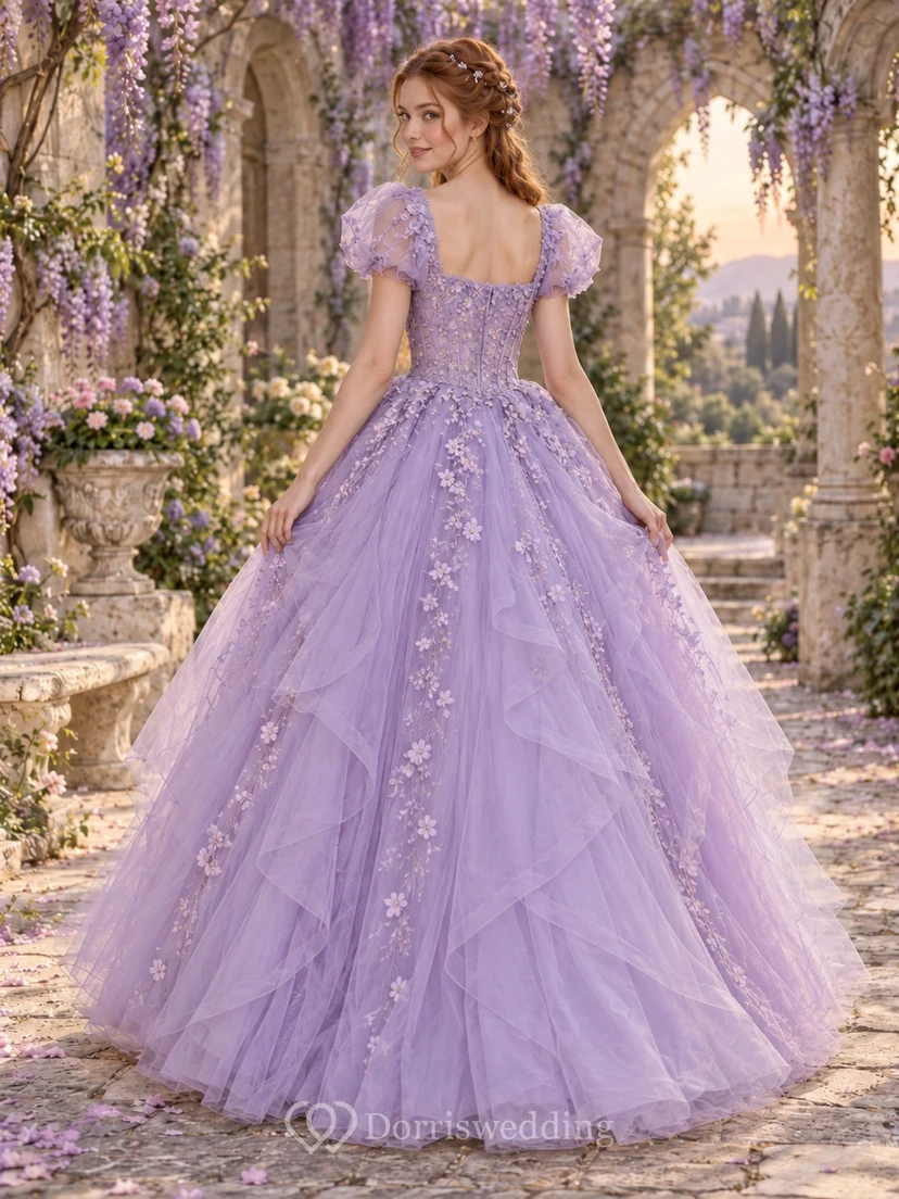 Lavendelfarbenes Ballkleid mit eckigem Ausschnitt, Puffärmeln und floralem Stufenrock view 2