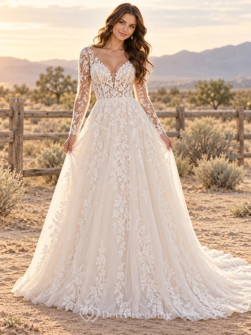Western Long Sleeve V-neck Floral Applique A-Line Wedding Dress