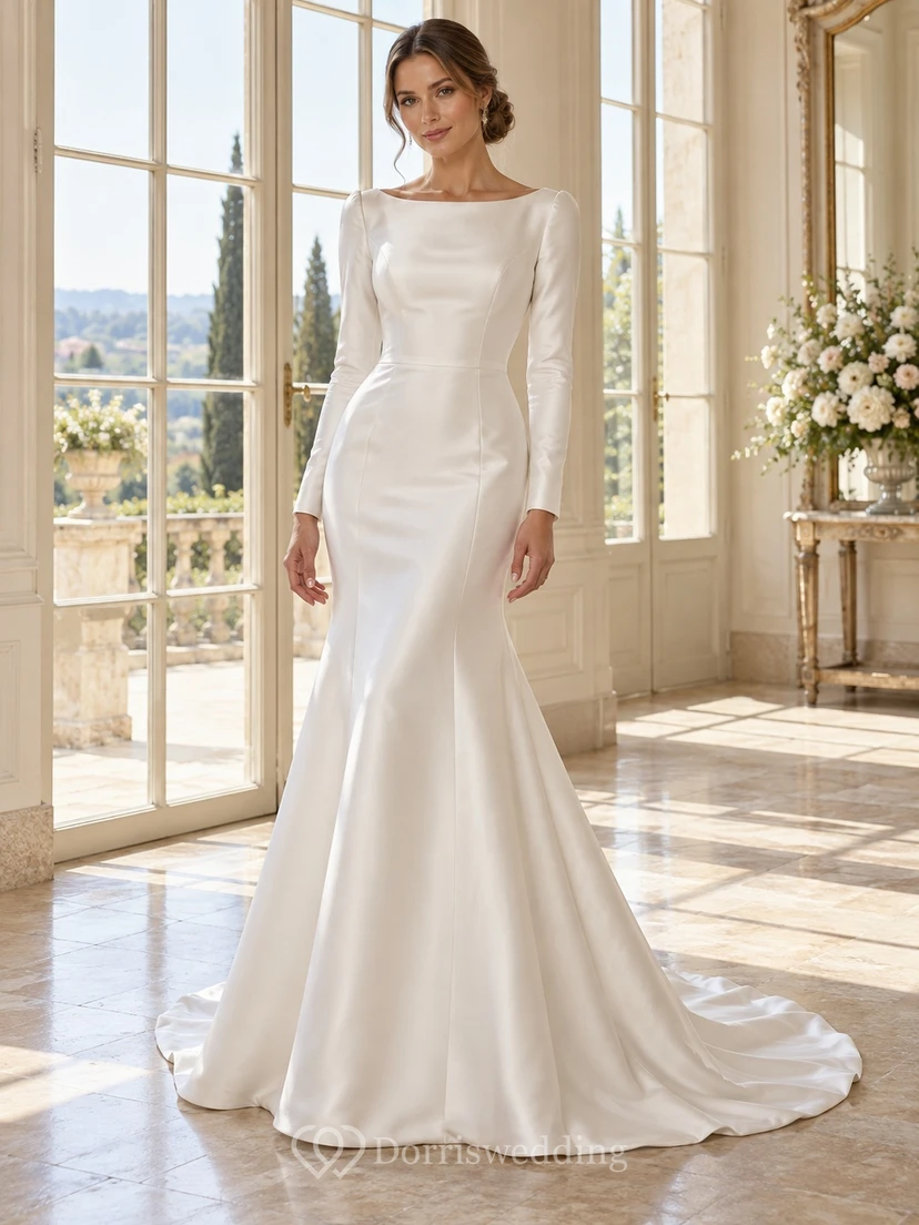 Simple Long Sleeve Bateau Neck Satin Mermaid Bridal Wedding Dress