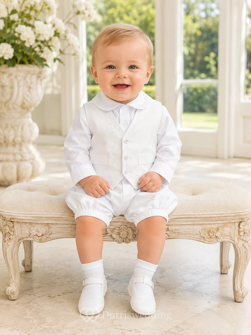 White Satin Vest Bow Tie Short Christening Suit Ensemble for Baby Boy