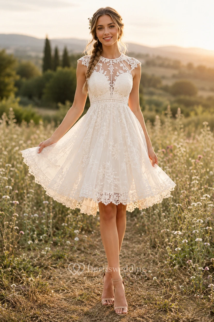 Robe de mariée courte en dentelle à col rond, corsage illusion et jupe trapèze.