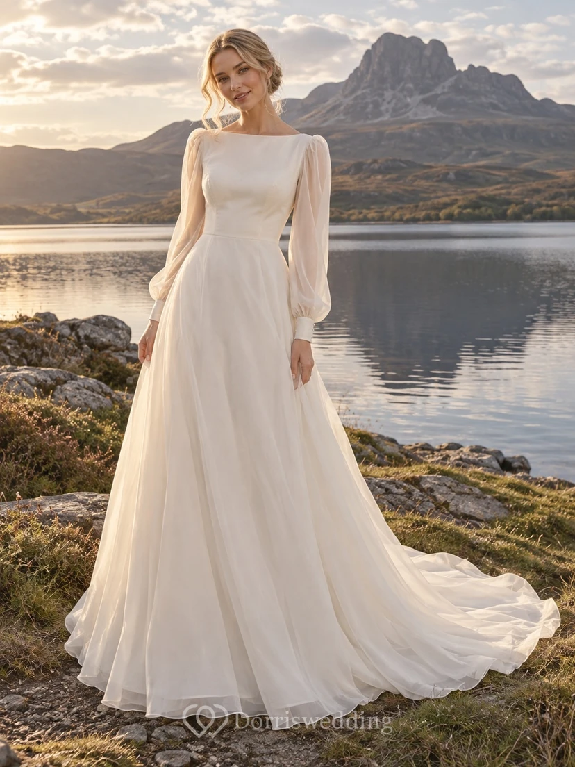 Vintage-Brautkleid aus Organza mit A-Linie, langem Ärmeln und Schmuckkragen