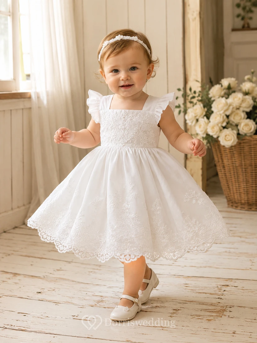 Square Neck Baptism Dress A-Line Tulle Lace Short Sleeve Scalloped Hem