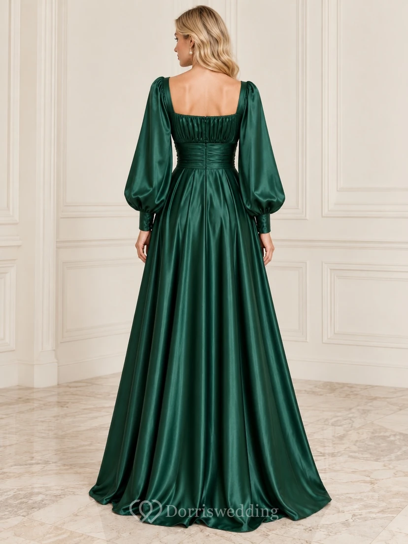 Vestido de noche formal de corte A, largo hasta el suelo, de satén esmeralda, con escote cuadrado, mangas obispo y cintura fruncida. view 2