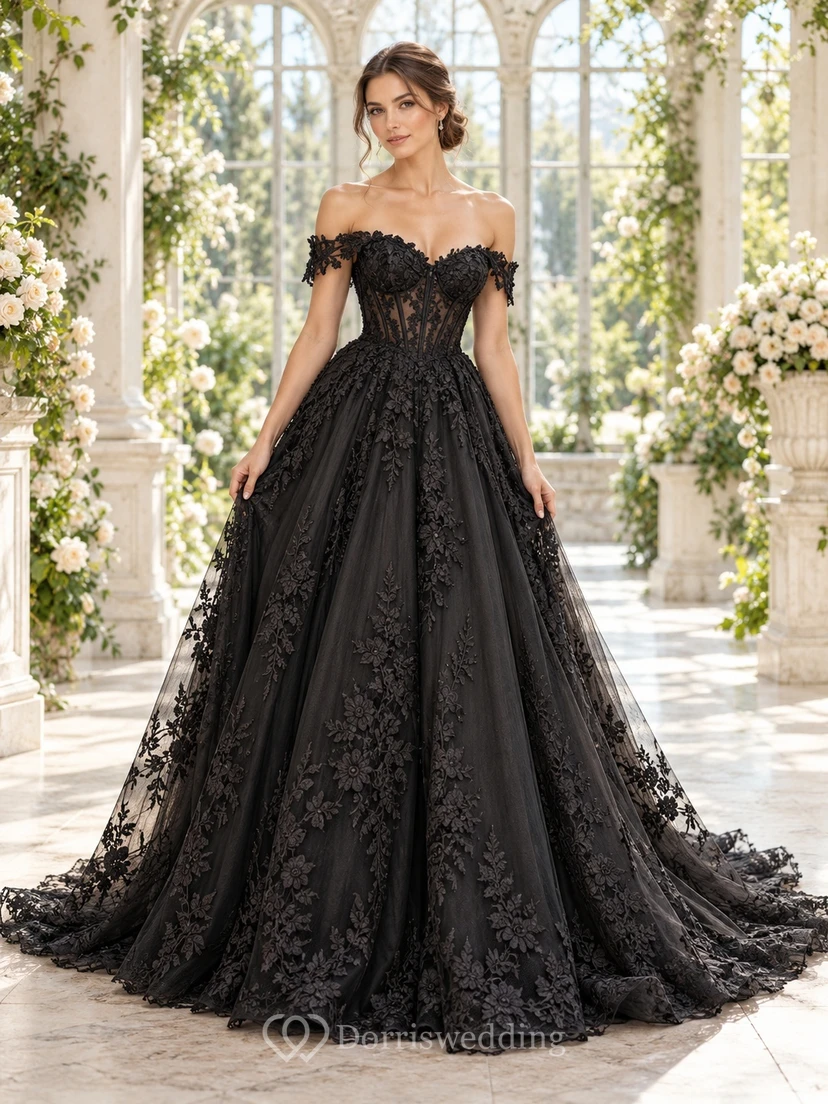 Black Off Shoulder Floral Panel Lace A-Line Bridal Wedding Dress