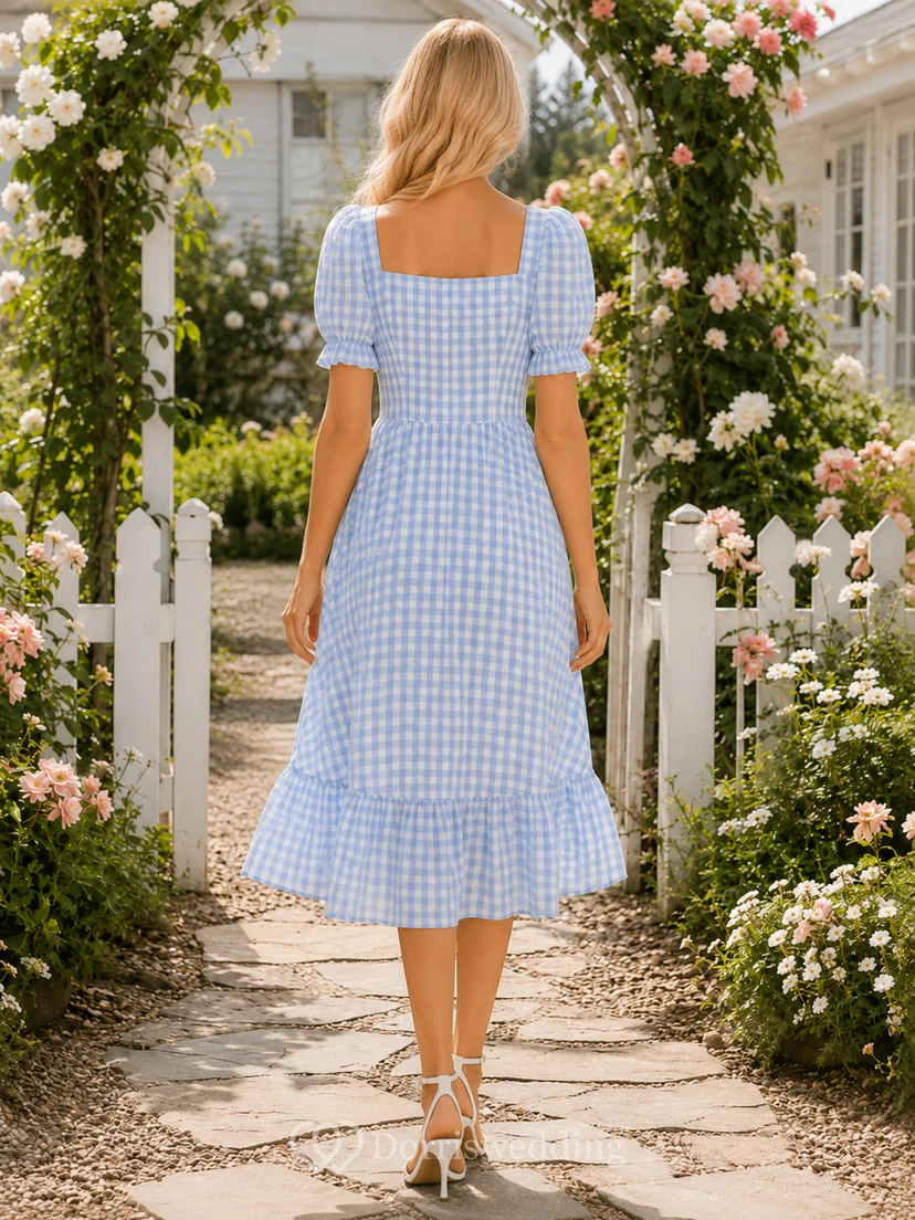 Blue Gingham Square Neck Puff Sleeve Ruffle Midi Dress view 2