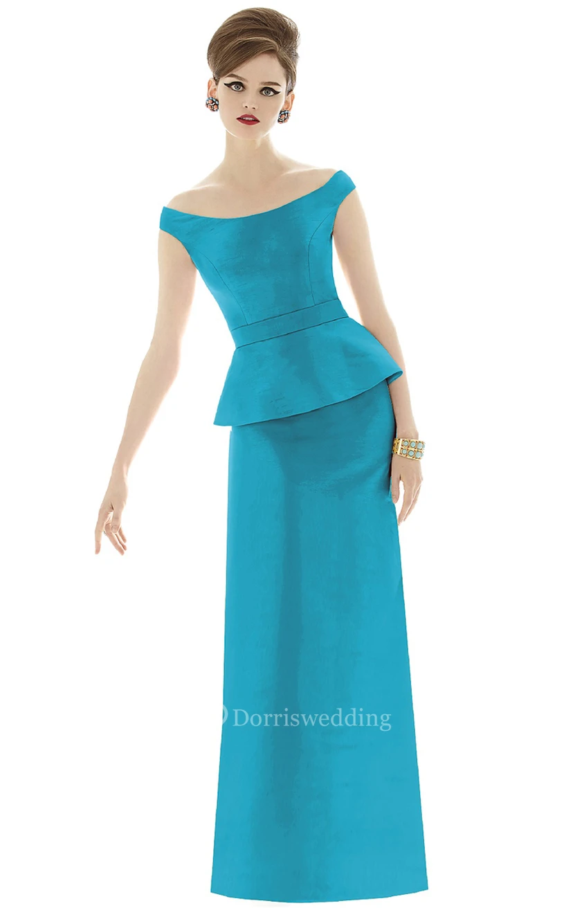 Elegant Long Off-the-Shoulder Satin Gown with Cap sleeves and Waistband view 3