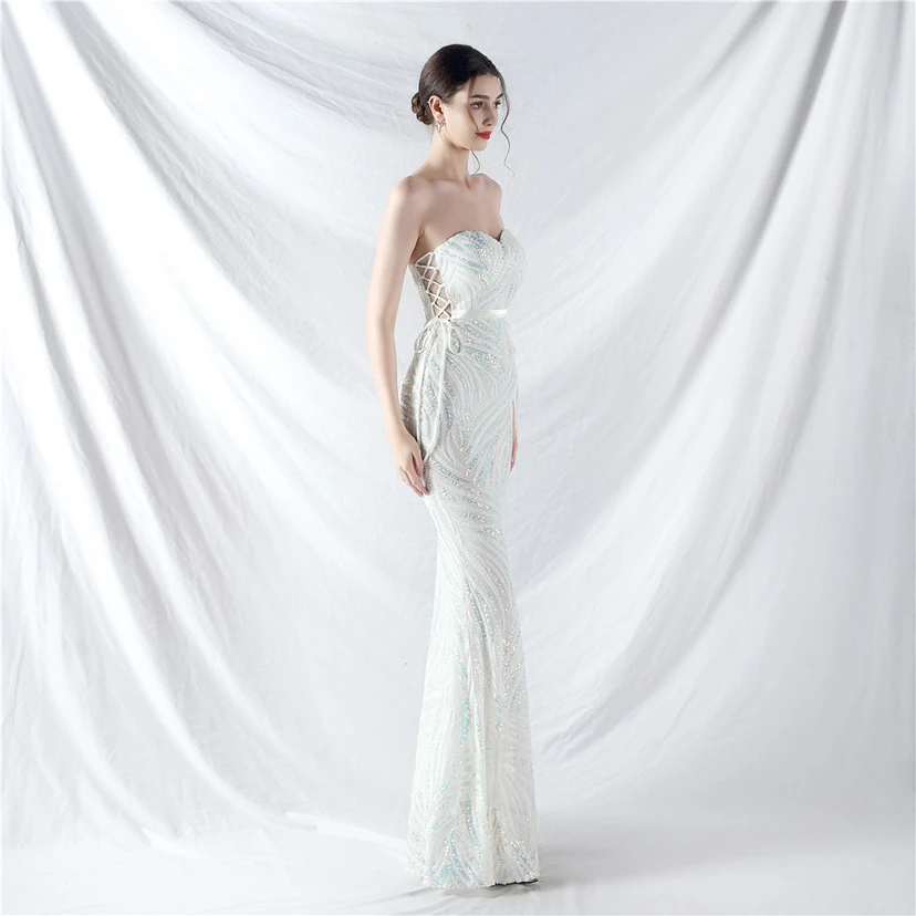 Vestido de noche con tirantes, top tipo tubo y lentejuelas apiladas encriptadas, con método de doble atado de cuerda. view 43