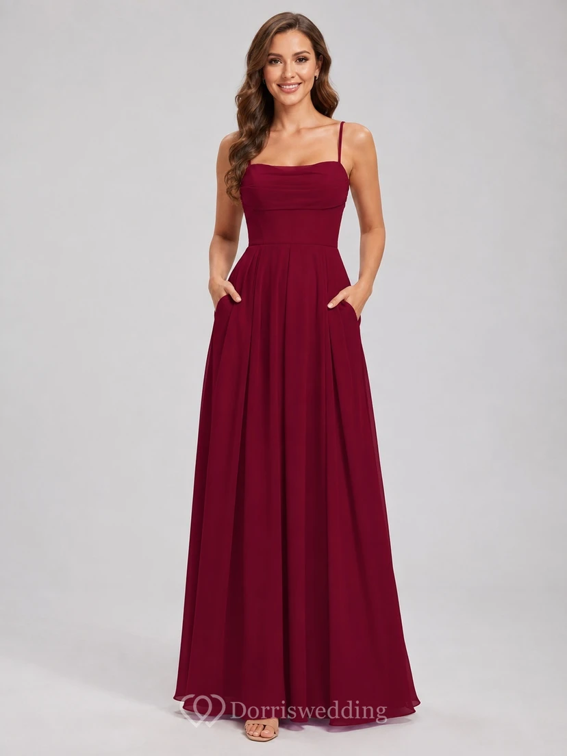 Elegantes, burgunderrotes Chiffon-Brautjungfernkleid in A-Linie mit eckigem Ausschnitt und Taschen