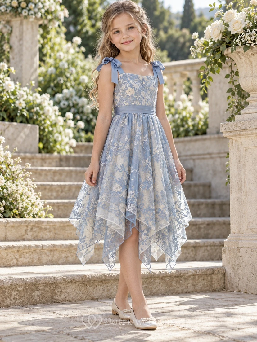 Steel Blue Square Neck Bow Strap Floral Flower Girl Dress
