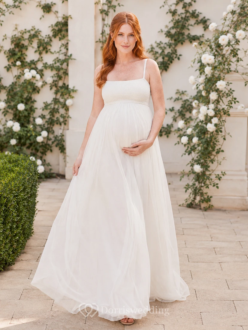 Maternity Wedding Dress Square Neck Spaghetti Strap Simple Garden Bridal Gown