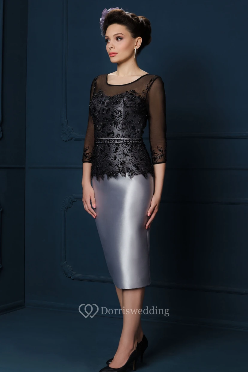 Pencil Knee-Length Appliqued Illusion Sleeve Square Neck Satin Mother Of The Bride Dress view 3