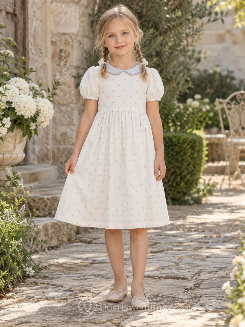 Modest Ivory Blue Dotted Tea-length Broad Collar Rounded Puff Sleeve Flower Girl Dress view 2