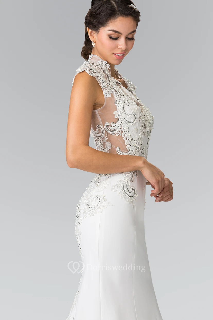 Sheath Floor-Length Cap-Sleeve Jersey Sweep Train Dress With Appliques view 3