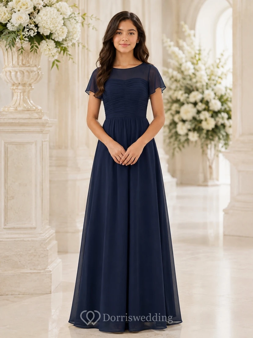 Vestido de dama de honor juvenil azul marino tinta, corte en A, escote redondo, manga corta, elegante.