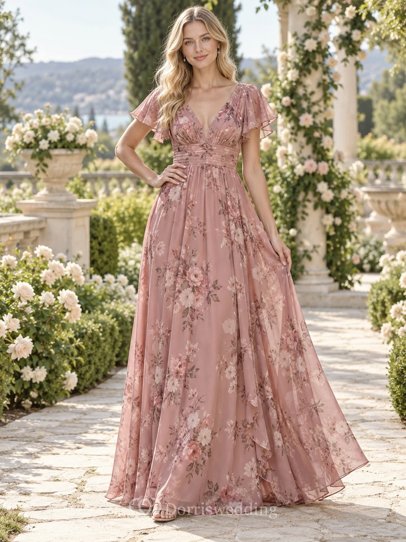 Vestido de dama de honor de gasa color rosa empolvado con escote en V, mangas con volantes y corte en A, largo hasta el suelo.