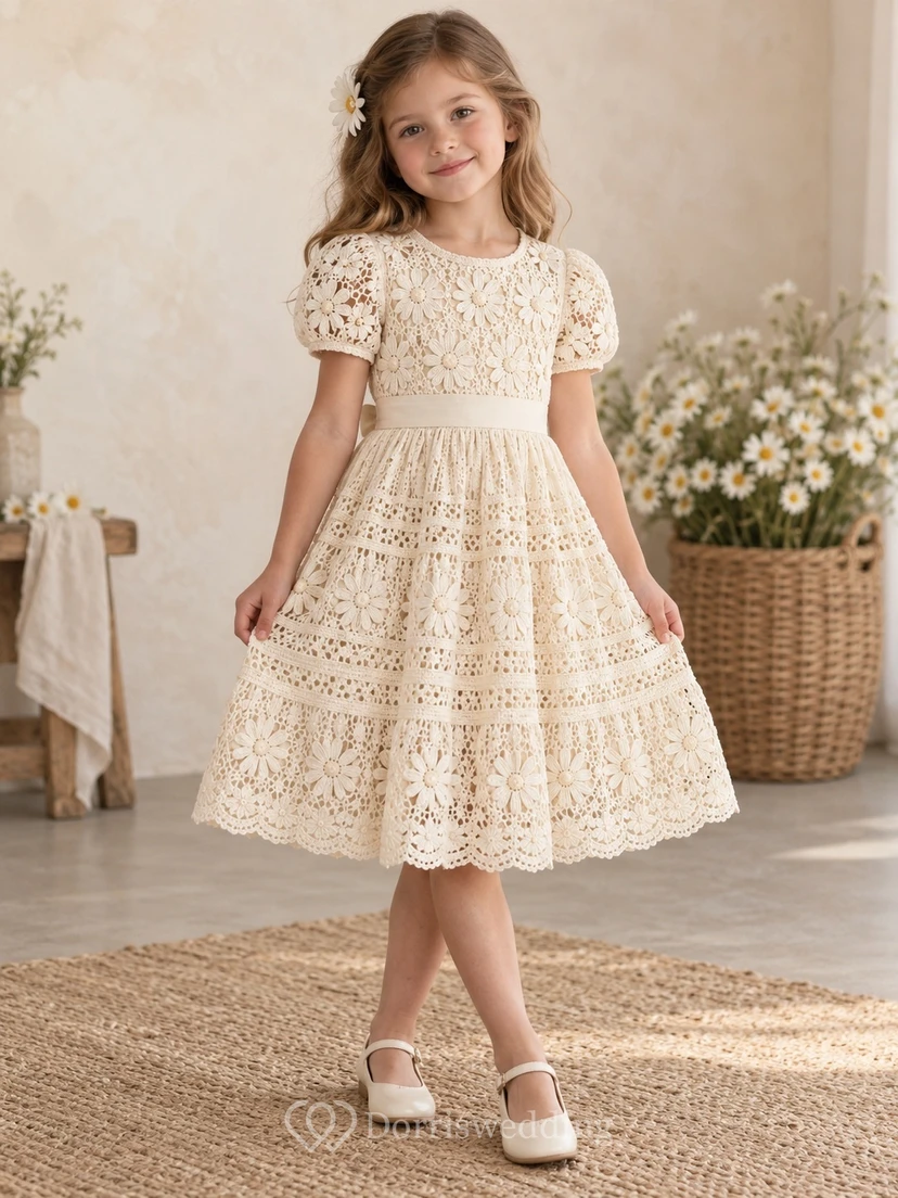 Boho Vintage Tea-length Cream Puff Sleeve Daisy Tiered Lace Flower Girl Dress