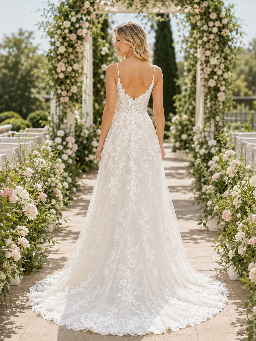 Spaghetti Strap Floral Lace Garden Bridal A Line Gown view 2