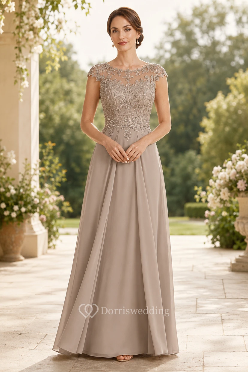 Taupe Lace Bodice Chiffon A-Line Mother Dress With Cap Sleeves