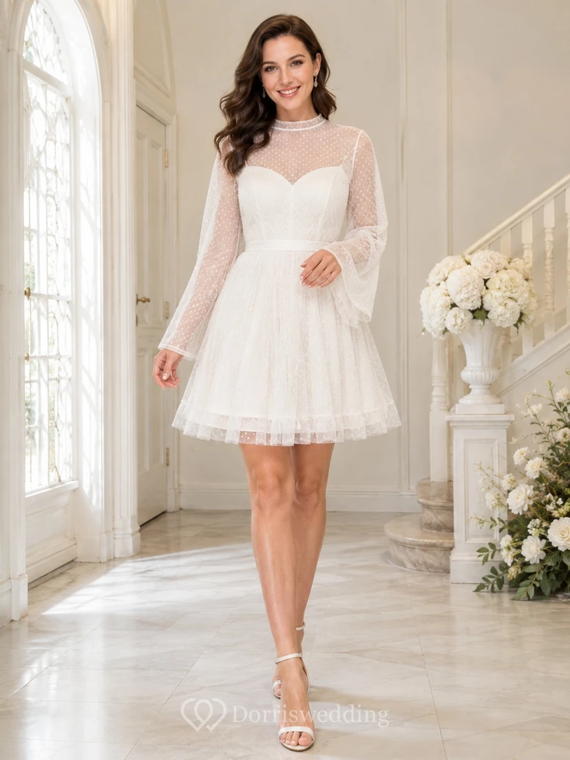 White Tulle Jewel Neck Sweetheart Illusion Long Sleeve A-Line Short Dress