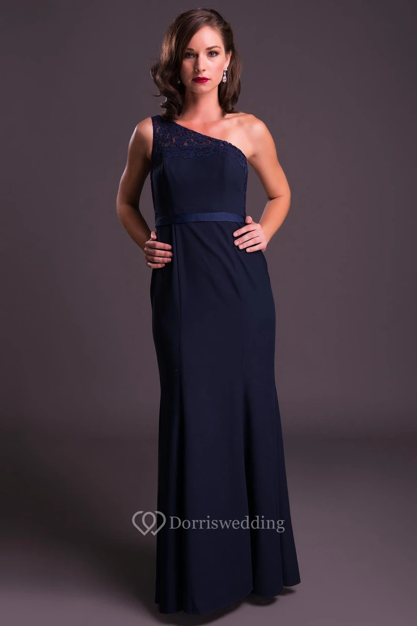 Floor-Length Sleeveless One-Shoulder Appliqued Chiffon Prom Dress