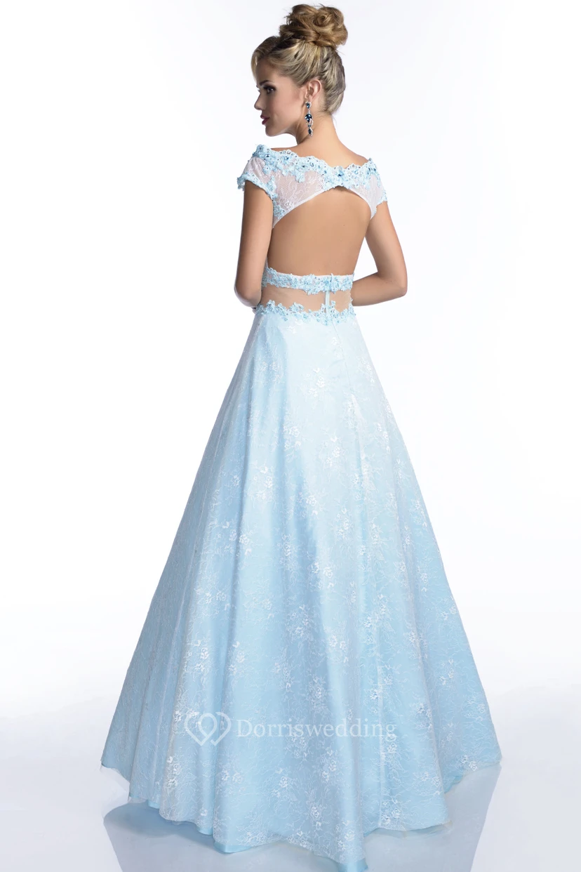 Lace A-Line Scalloped-Edge Cap Sleeve Prom Dress With Keyhole Back view 2