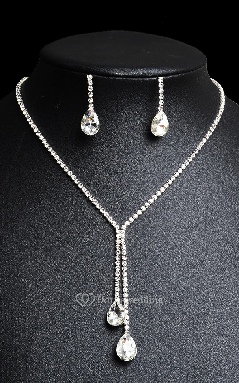 Simple Water Drop Rhinestone Necklace and Earrings Bridal Jewelry Set
