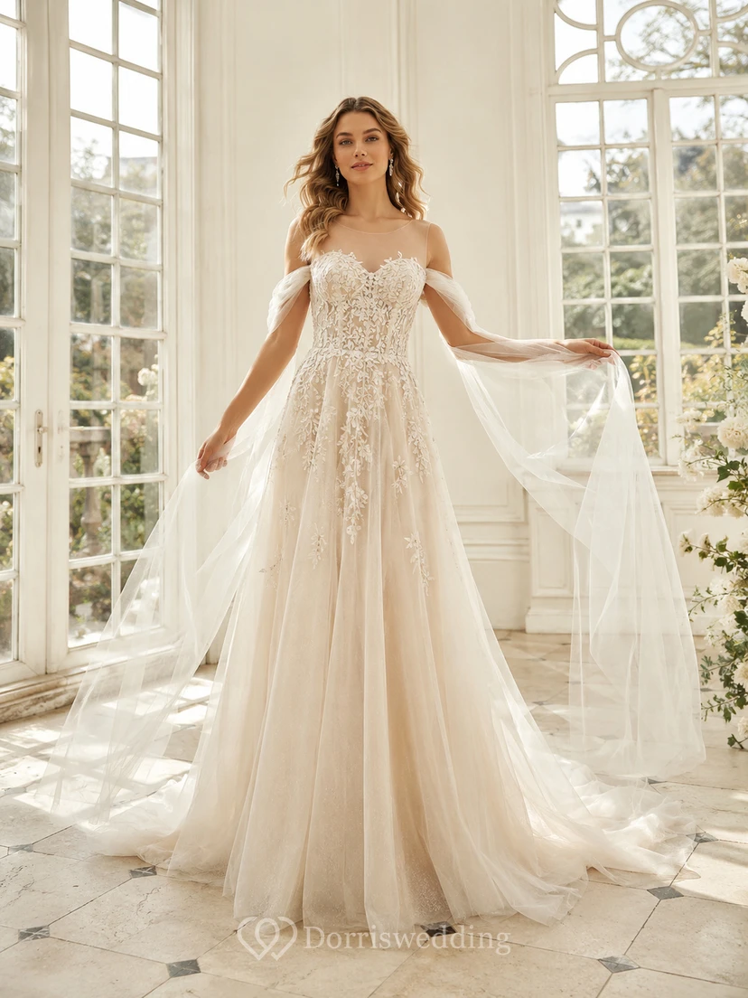 Robe de mariée de luxe en dentelle florale, épaules dénudées, manches longues, coupe trapèze, traîne chapelle, style A, en dentelle florale, luxueuse