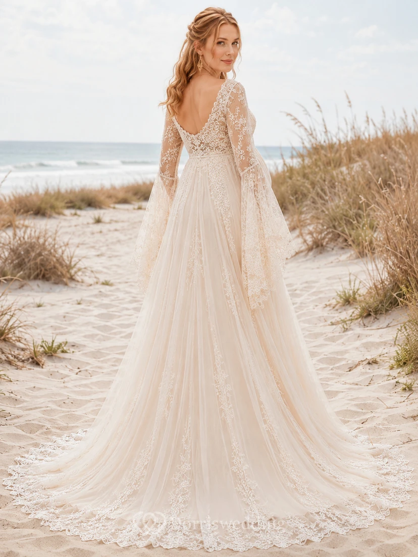 Umstandsbrautkleid, langärmelig, aus Spitze, Etuikleid, Strandkleid mit zartem Tüllüberzug und Schleppe view 2