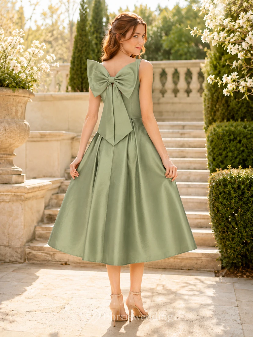 Sage Square Neck Taffeta Bow Midi Dress view 2