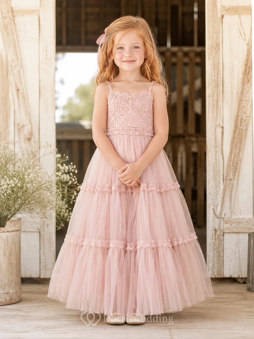 Pink Lace Tulle A-Line Flower Girl Dress with Short Sleeves, Jewel Neck, Tea-Length Skirt and Bow Detail