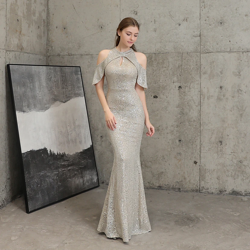 Banquet Temperament Elegant Long Short-Sleeved Sequin Aura Queen Fishtail Evening Dress view 19