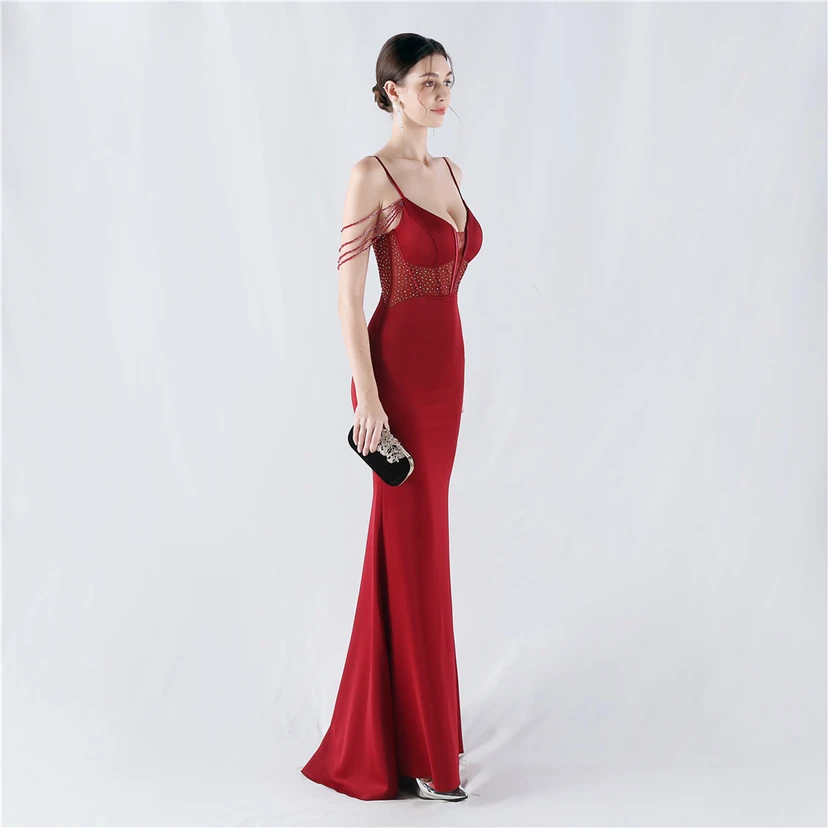 Vestido de noche con cintura de espiga, bordado de diamantes de imitación, ideal para banquetes y presentaciones. view 15