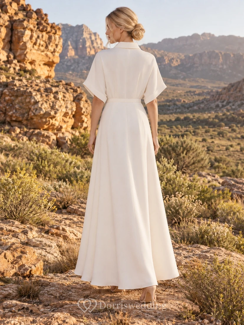 Vestido de novia sencillo e informal de gasa con cuello, manga corta y corte en A, cintura lisa. view 2