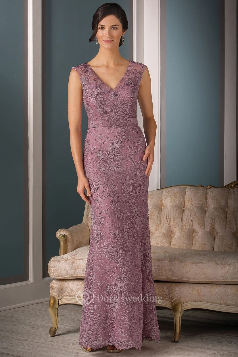Cap-Sleeved V-Neck Long Mother Of The Bride Dress With Appliques