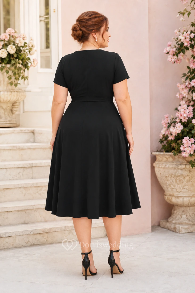 Plus Size Black A-Line Wrap Cocktail Dress with Short Sleeves and Tie Waist view 2